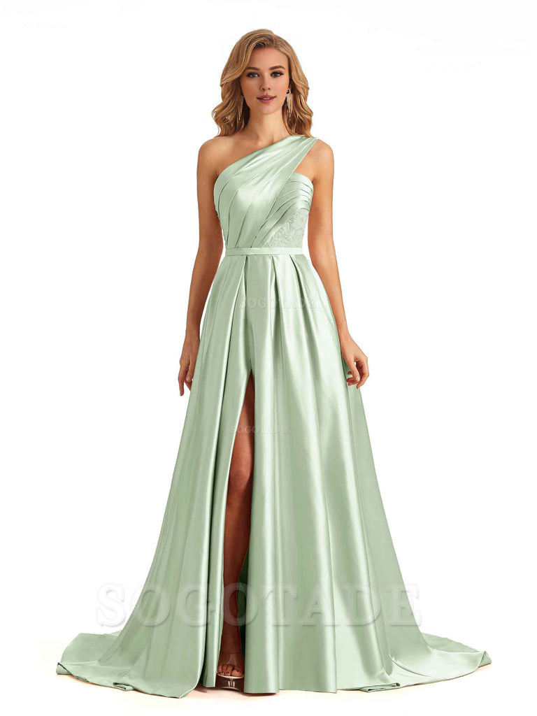 Sexy Side Slit One Shoulder A-Line Soft Satin Long Bridesmaid Dresses Online prom dress in store