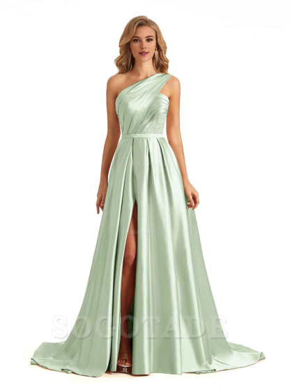 Sexy Side Slit One Shoulder A-Line Soft Satin Long Bridesmaid Dresses Online prom dress in store