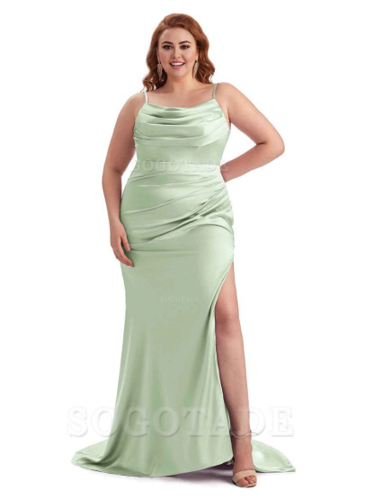 Sexy Jewel Side Slit Mermaid Soft Satin Long Plus Size Bridesmaid Dress For Wedding