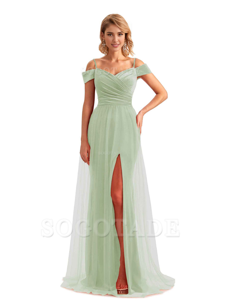 Elegant Mermaid Spaghetti Straps Floor Length Cold Shoulder Side Slit Tulle Velvet Long Bridesmaid Dresses