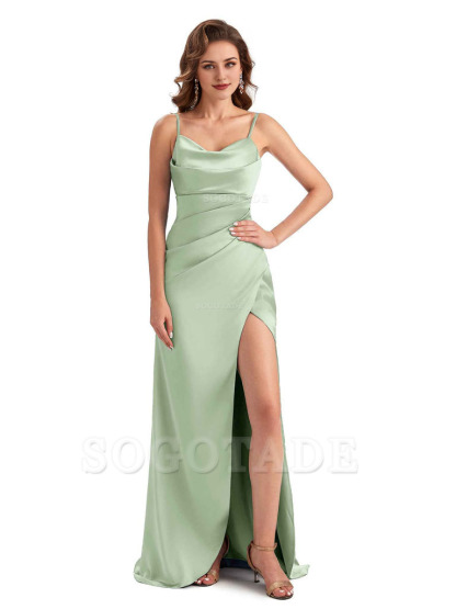 Soft Satin Side Slit Spaghetti Straps Sexy Wedding Bridesmaid Dresses