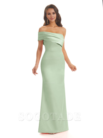 Soft Satin Sexy Side Slit One Shoulder Long Mermaid Bridesmaid Dresses Online prom dress in store