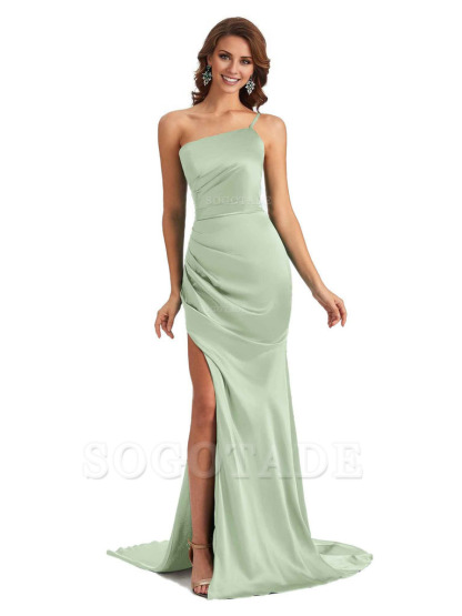 Sexy Silky Satin Side Slit One Shoulder Unique Long Wedding Guest Maxi Dresses