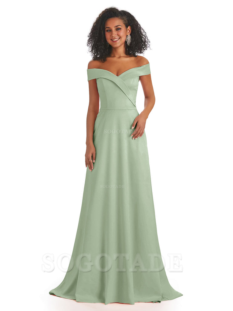 Soft Satin Off The Shoulder Long A-Line African Bridesmaid Dresses prom dress stores ﻿