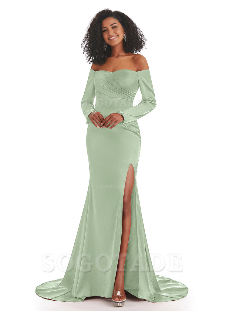 Mermaid Long Sleeve Satin formal dresses evening gown Bridesmaid Dresses With Side Slit 