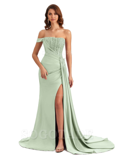 Mermaid Off Shoulder Applique formal dresses evening gown Bridesmaid Dresses With Side Slit 