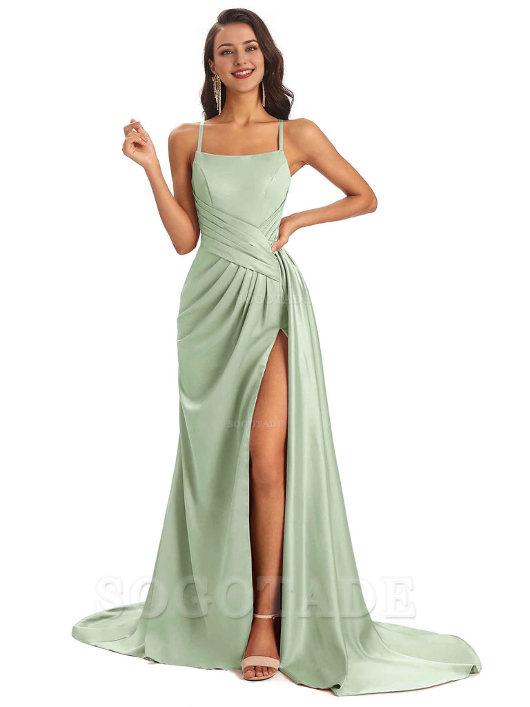 Sexy Soft Satin Side Slit Spaghetti Straps Long Maxi Bridesmaid Dresses prom shop dresses