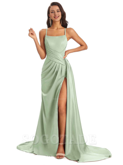 Sexy Soft Satin Side Slit Spaghetti Straps Long Maxi Bridesmaid Dresses prom shop dresses