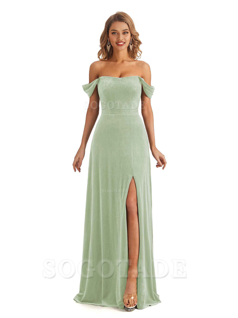 Elegant Mermaid Off The Shoulder Unique Velvet Side Slit Backless Long Bridesmaid Dresses Formal Wear Dresses