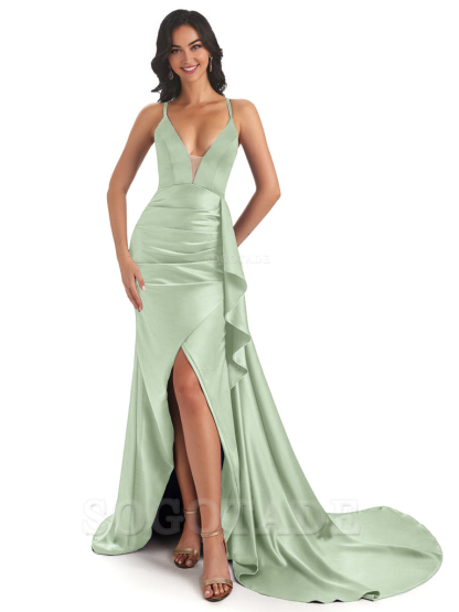 Sexy Spaghetti Straps Soft Satin Side Slit Pleats Unique Mermaid Bridesmaid Dresses prom shop dresses ﻿