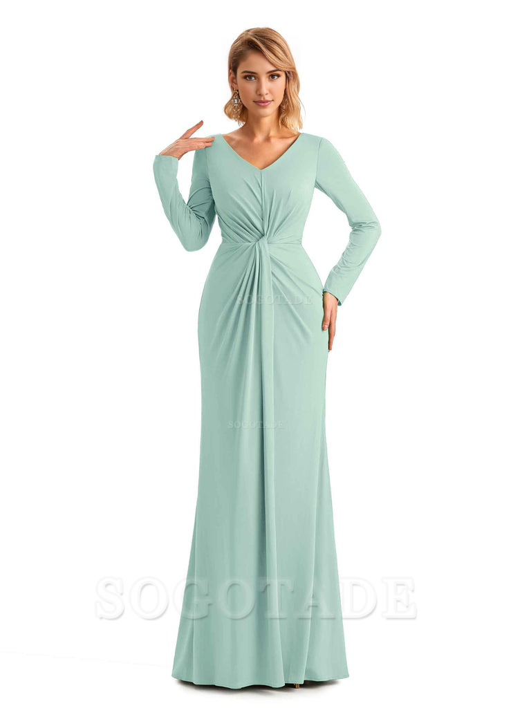 Elegant Simple Mermaid Pleats V-neck Long-Sleeves Floor Length Long Formal Bridesmaid Dresses