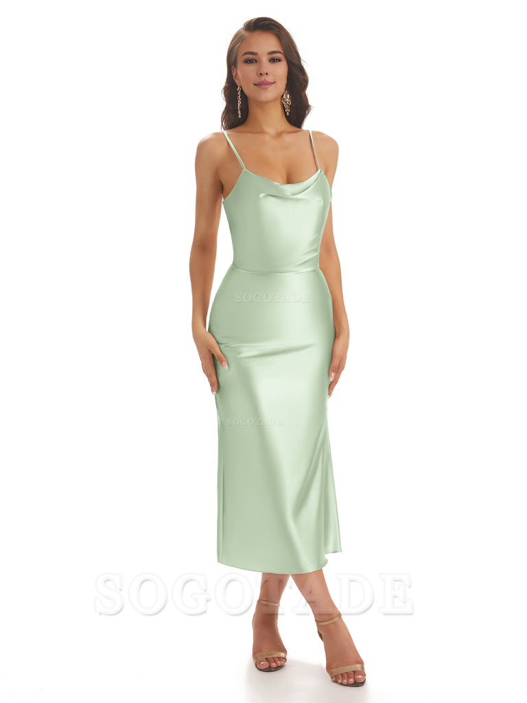 Sexy Soft Satin Spaghetti Strap Tea-Length Midi Short Bridesmaid Dresses prom shop dresses