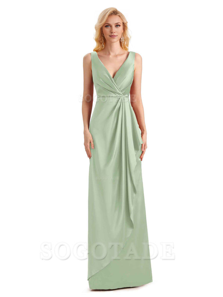 V Neck Elegant Soft Satin Formal Long Maid Bridesmaid Dresses Formal Wear Dresses