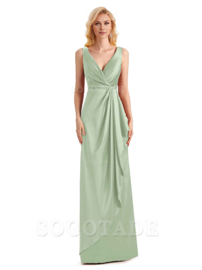V Neck Elegant Soft Satin Formal Long Maid Bridesmaid Dresses Formal Wear Dresses