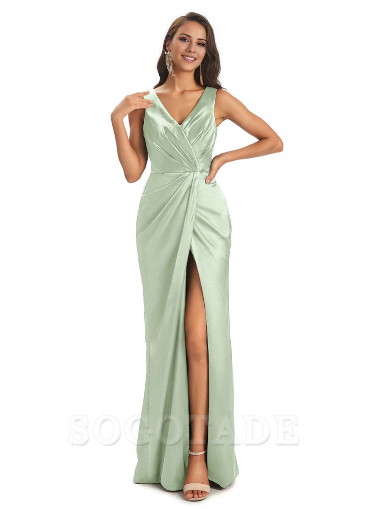 V-Neck Unique Long Satin Bridesmaid Dresses with Front Slit