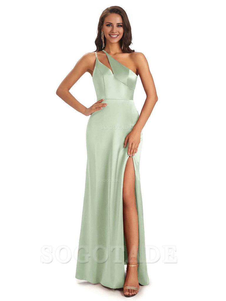 Sexy Soft Satin Side Slit One Shoulder Floor-Length Mermaid Long Bridesmaid Dresses Elegant Evening Party Dress