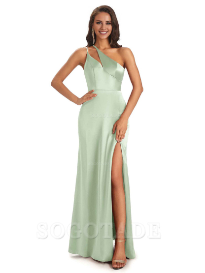 Sexy Soft Satin Side Slit One Shoulder Floor-Length Mermaid Long Bridesmaid Dresses Elegant Evening Party Dress