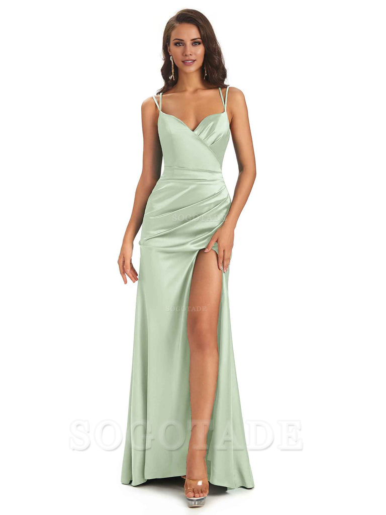 Sexy Soft Satin Side Slit Spaghetti Straps Long Maxi Mermaid Bridesmaid Dresses Elegant Evening Party Dress