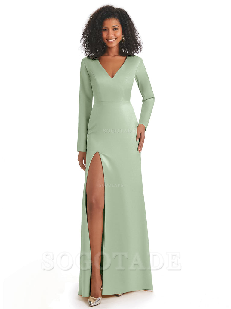 Soft Satin Side Slit Long Sleeves V-Neck Long African Mermaid Bridesmaid Dresses Elegant Evening Party Dress