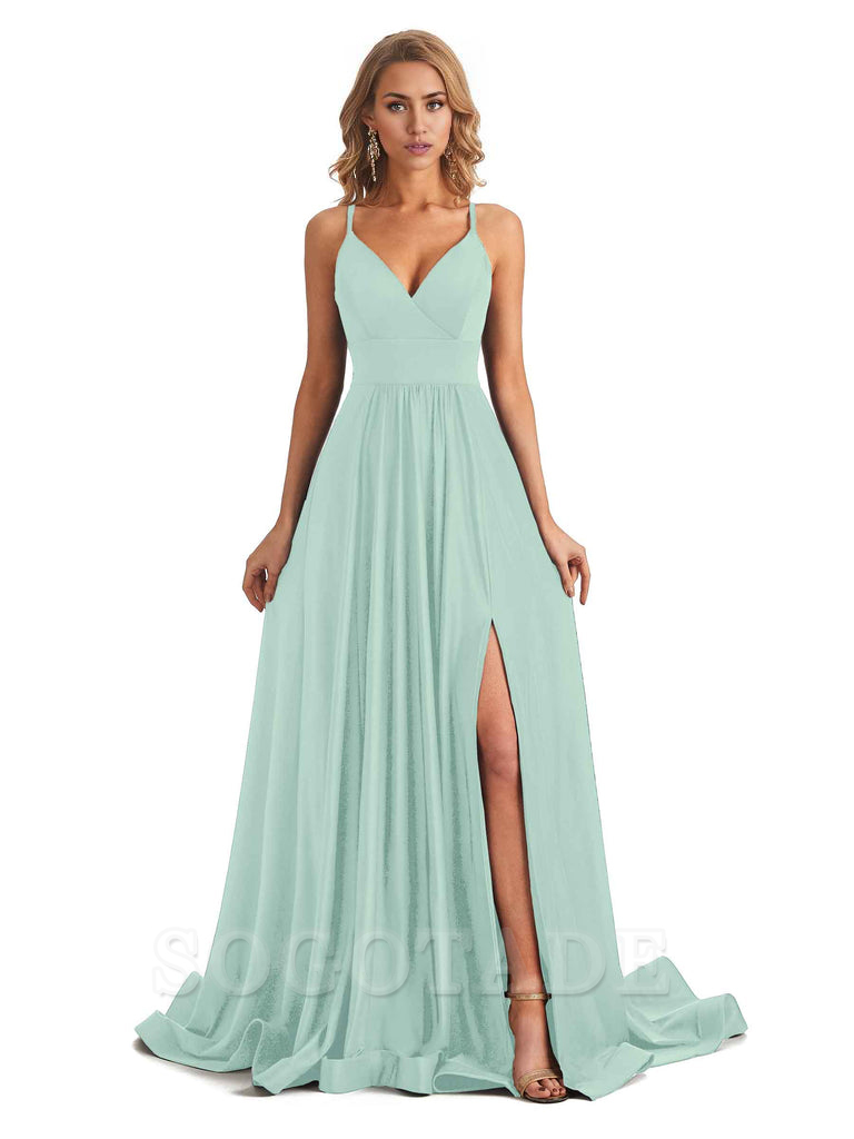 Elegant Spaghetti Straps A-Line Long Formal Bridesmaid Dresses With Side Slit Stretchy Jersey Elegant Evening Party Dress