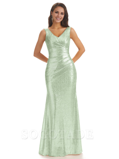 Sexy Sequin V-Neck Sparkly Long Mermaid Bridesmaid Dresses Charming Evening Party Dress