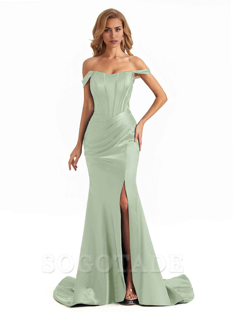 Sexy Long Mermaid Bridesmaid Dresses Off The Shoulder with Side Slit Satin Elegant Evening Party Dress 