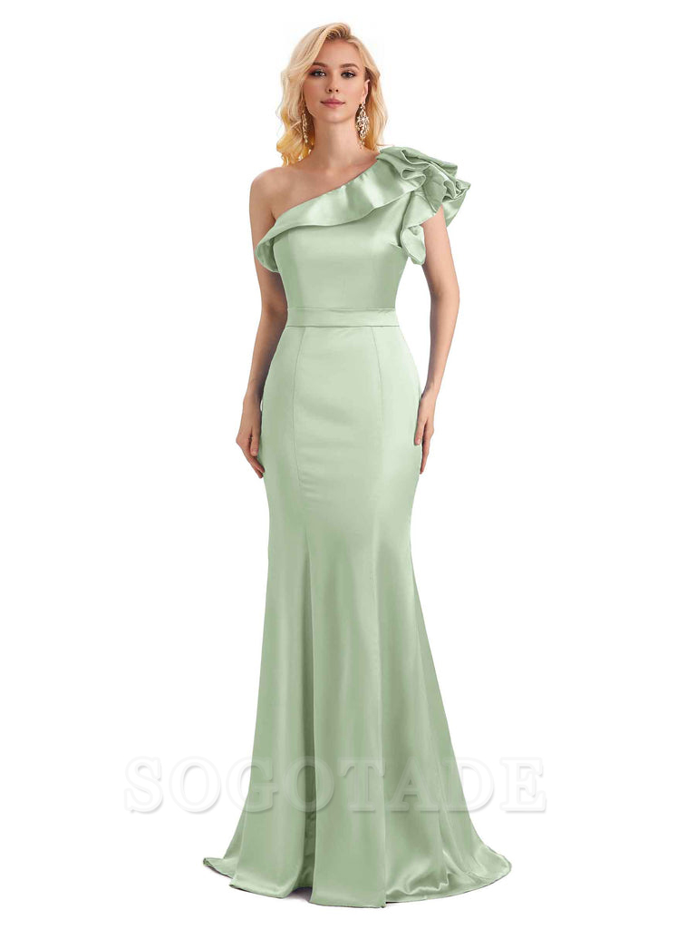 One Shoulder Long Mermaid Bridesmaid Dresses Soft Satin Charming Evening Party Dress
