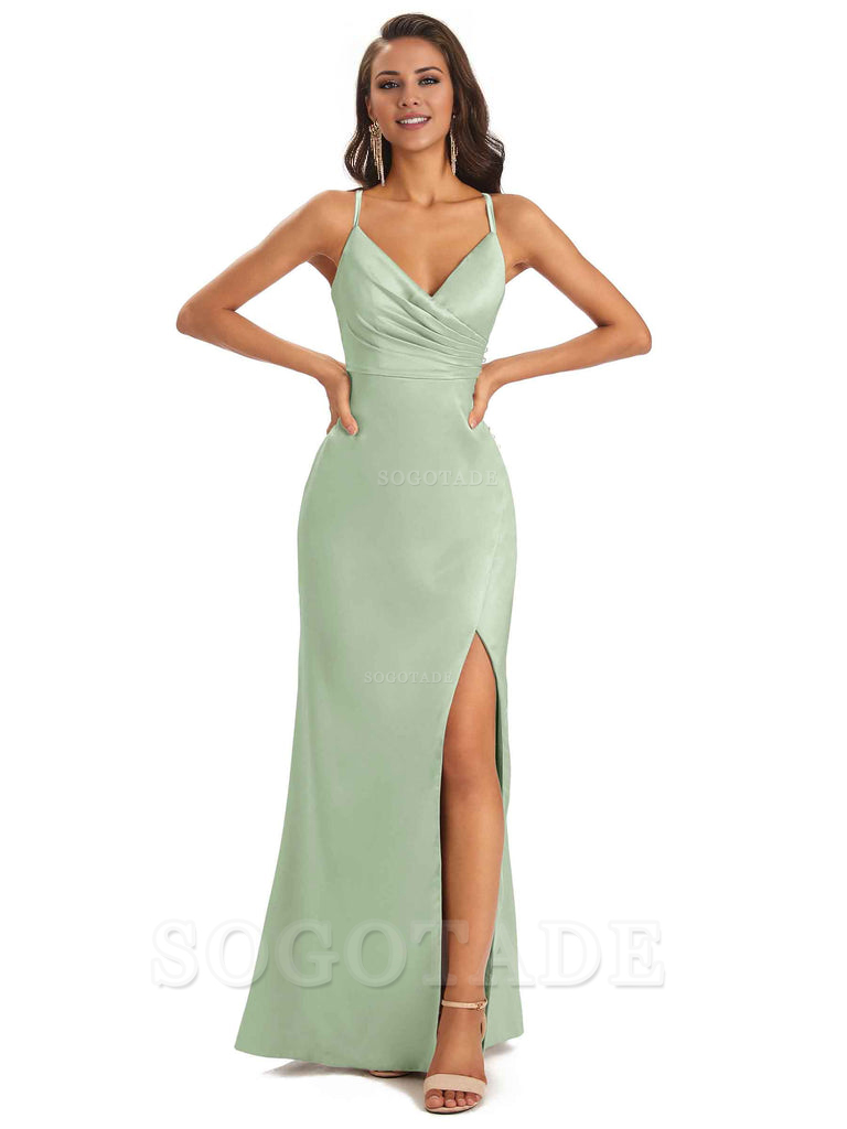 Soft Satin Side Slit Spaghetti Straps Long Unique Mermaid Bridesmaid Dresses Elegant Evening Party Dress