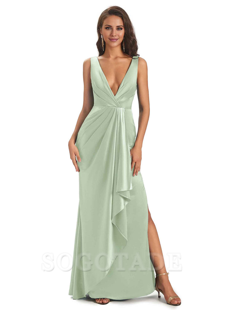 Sexy Satin V-Neck Floor-Length Long Bridesmaid Dresses with Side Slit Elegant Evening Party Dress
