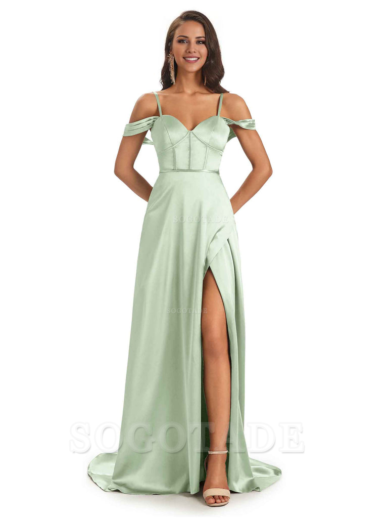 Stylish Soft Satin Side Slit Spaghetti Straps Bridesmaid Dresses Elegant Evening Party Dress