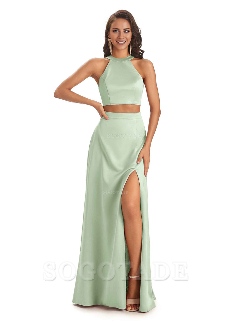 Soft Satin Two-Pieces Halter Side Slit Sexy Fashion Bridesmaid Dresses Charming Evening Party Dress