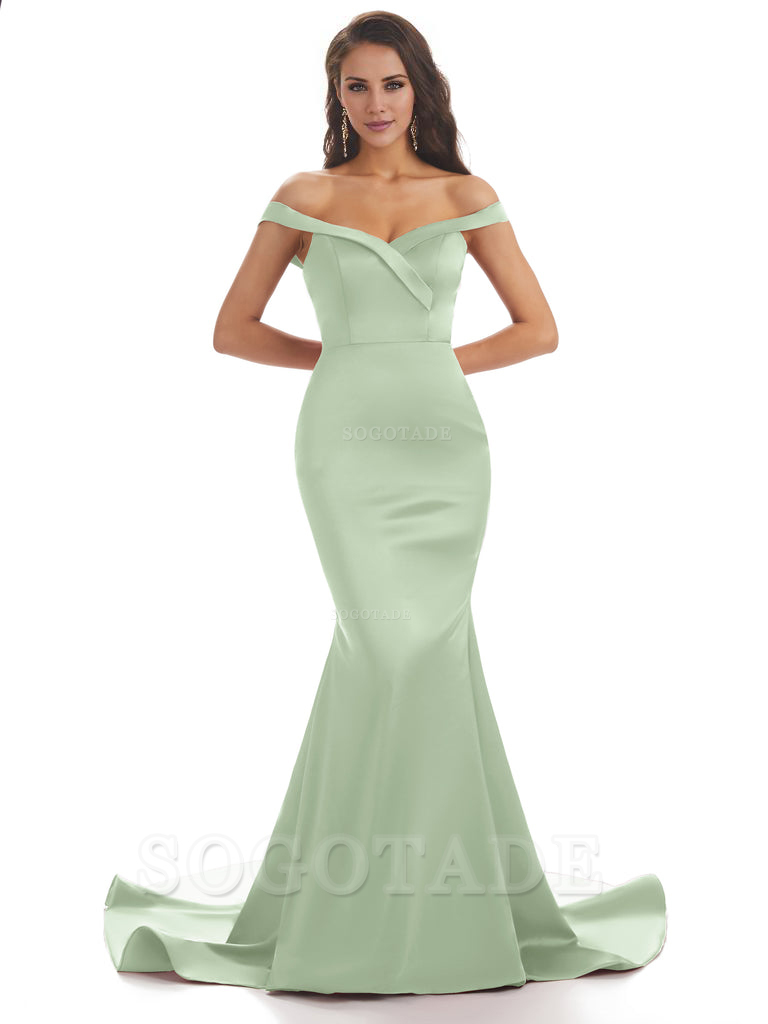 Elegant Off The Shoulder Soft Satin Mermaid Long Bridesmaid Dresses Charming Evening Party Dress