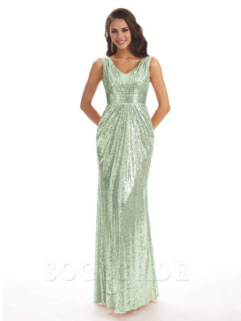 Sparkly V-Neck Sequin Long Mermaid Bridesmaid Dresses Sleeveless Charming Evening Party Dress