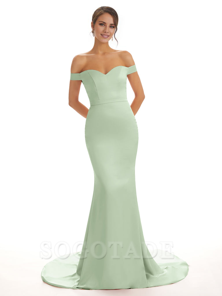 Elegant Off The Shoulder Satin Long Mermaid Bridesmaid Dresses