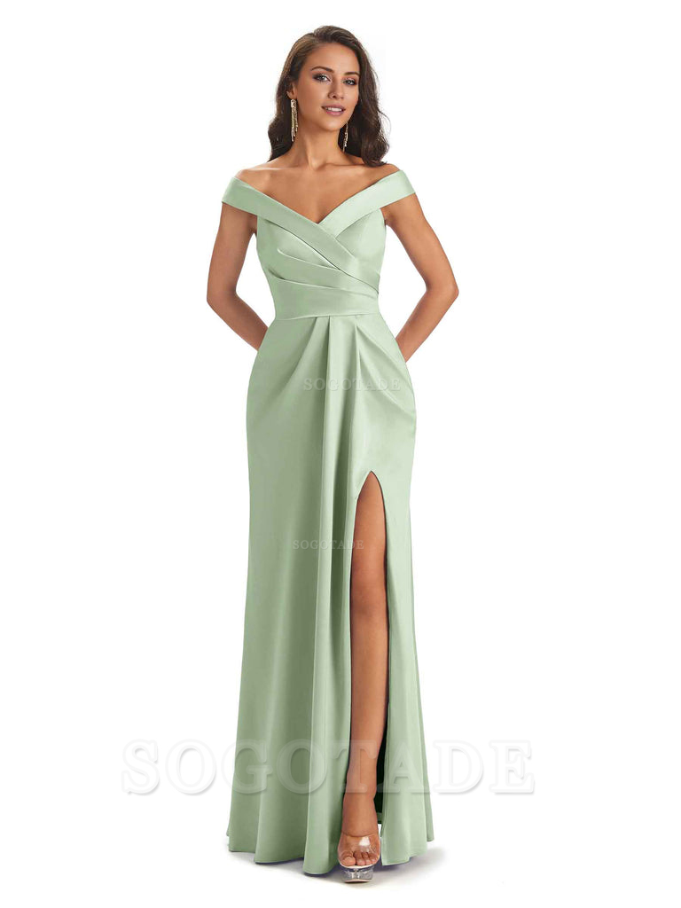 Sexy Soft Side Slit Off Shoulder V-Neck Long Satin Ladies Bridesmaid Dresses Elegant Evening Party Dress