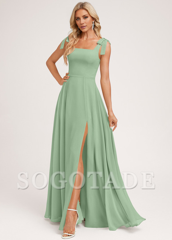 A-shaped square bow landing chiffon bridesmaid dress