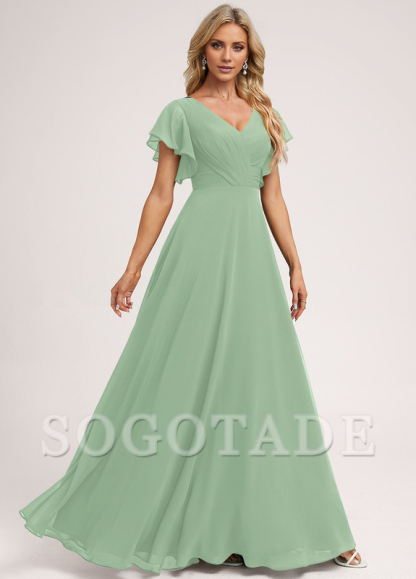 Ruffle A-line V-neck and floor chiffon bridesmaid dress