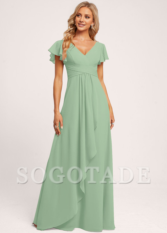 Ruffle A-line V-neck and floor chiffon bridesmaid dress