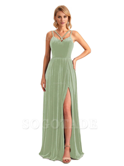 Sexy Side Slit Spaghetti Straps Unique Velvet Long Bridesmaid Dresses Online