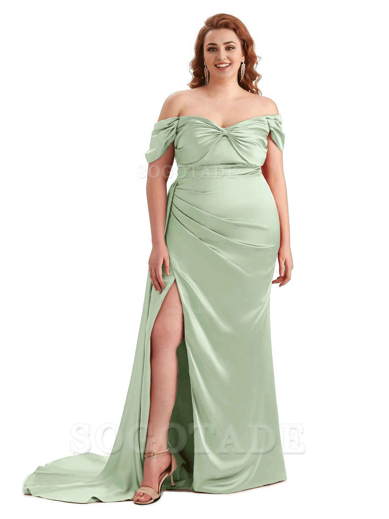  Sexy Side Slit Off The Shoulder Mermaid Soft Satin Long Plus Size Bridesmaid Dress For Wedding