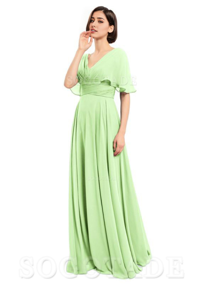  V-Neck Cap Sleeves Sleeves Chiffon Long Elegant Bridesmaid Dresses Formal Wear Dresses