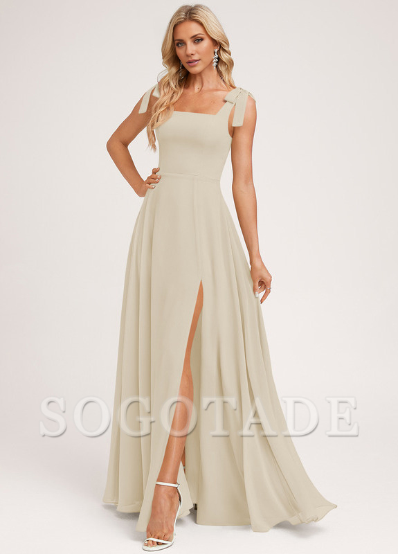 A-shaped square bow landing chiffon bridesmaid dress