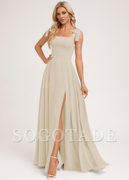 A-shaped square bow landing chiffon bridesmaid dress