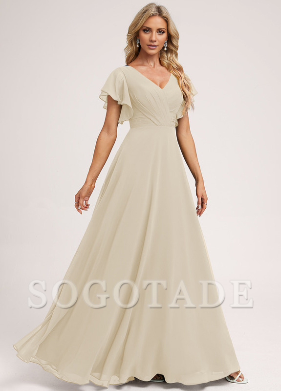 Ruffle A-line V-neck and floor chiffon bridesmaid dress