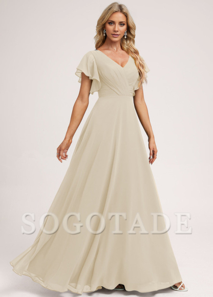 Ruffle A-line V-neck and floor chiffon bridesmaid dress