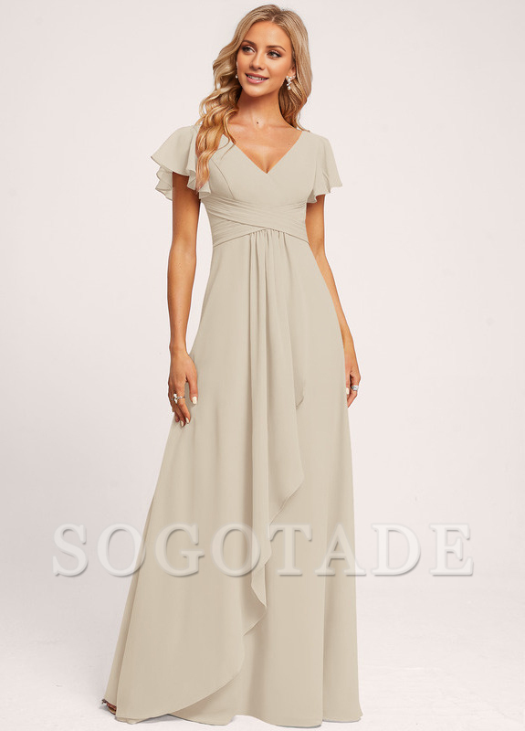 Ruffle A-line V-neck and floor chiffon bridesmaid dress