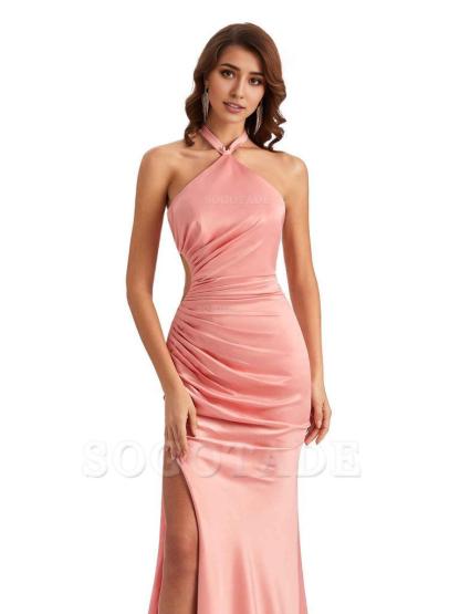 Sexy Halter Mermaid Silky Satin Unique Long Formal Wedding Guest Dresses