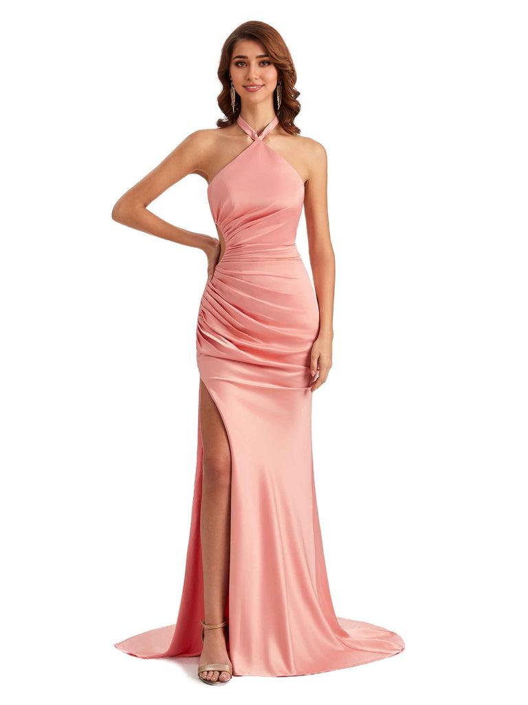 Sexy Halter Mermaid Silky Satin Unique Long Formal Wedding Guest Dresses