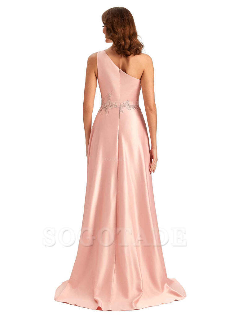 Sexy One Shoulder A-Line High Low Silky Satin Lace Long Formal Wedding Guest Dresses