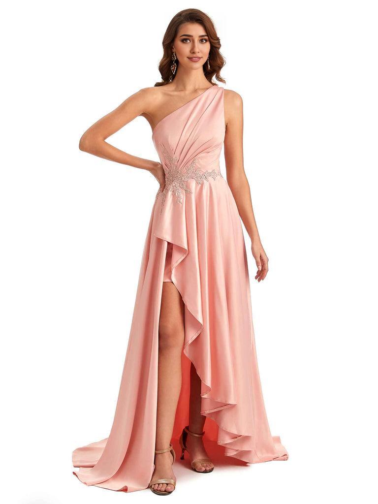 Sexy One Shoulder A-Line High Low Silky Satin Lace Long Formal Dresses